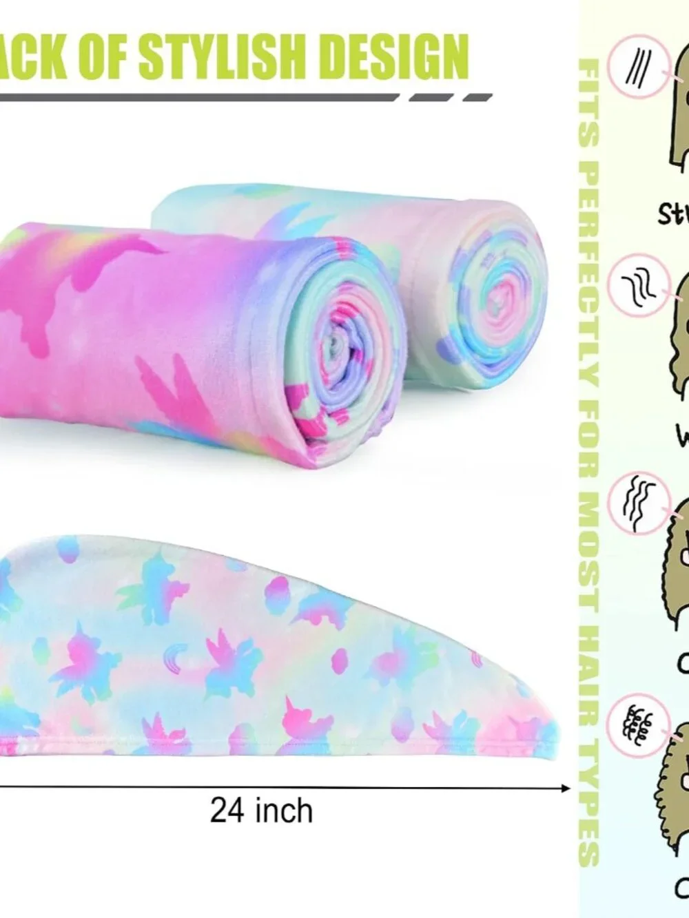 Microfiber Hair Towel Wrap for Kids Girls, Ultra Absorbent, 2 Pack
